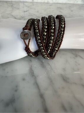 Brown Leather Wrap Bracelet with Pyrite Beads